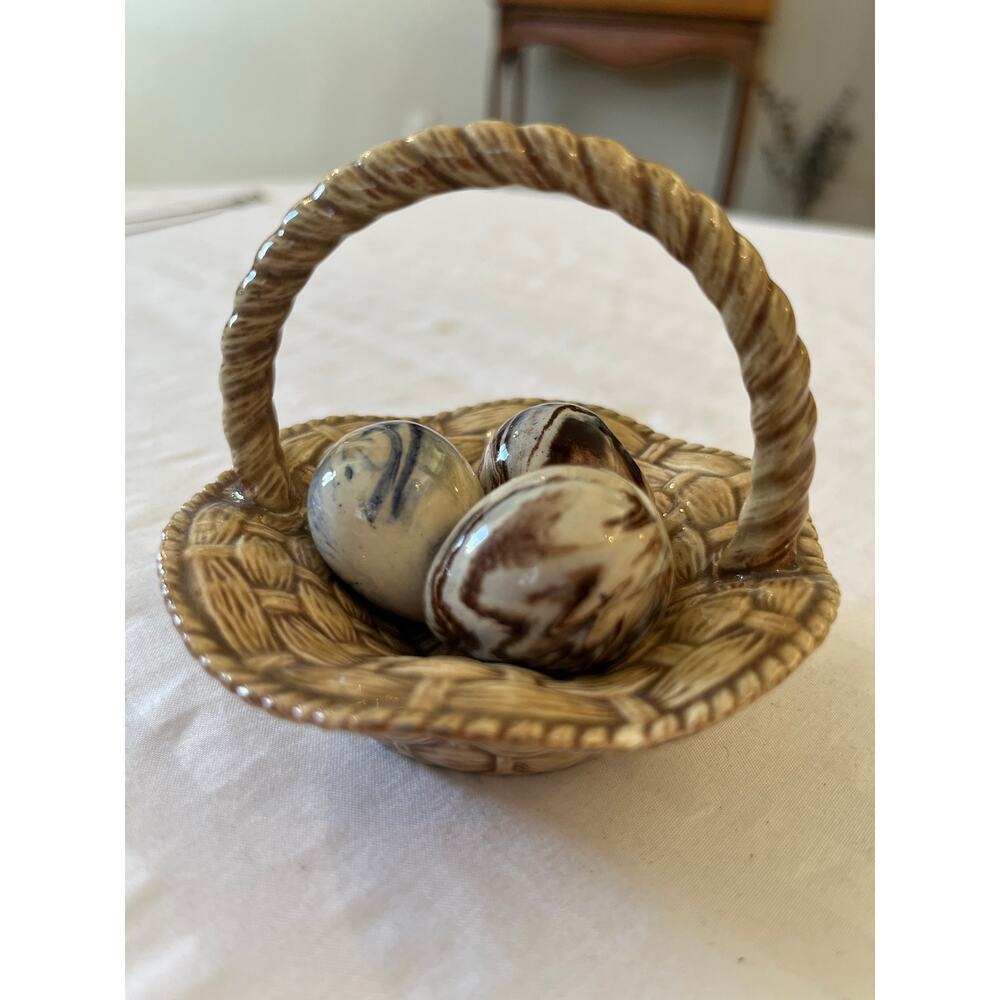 Vintage Studio Pottery Miniature Basket & 3 Marbled Eggs Set Signed MS Ceramic